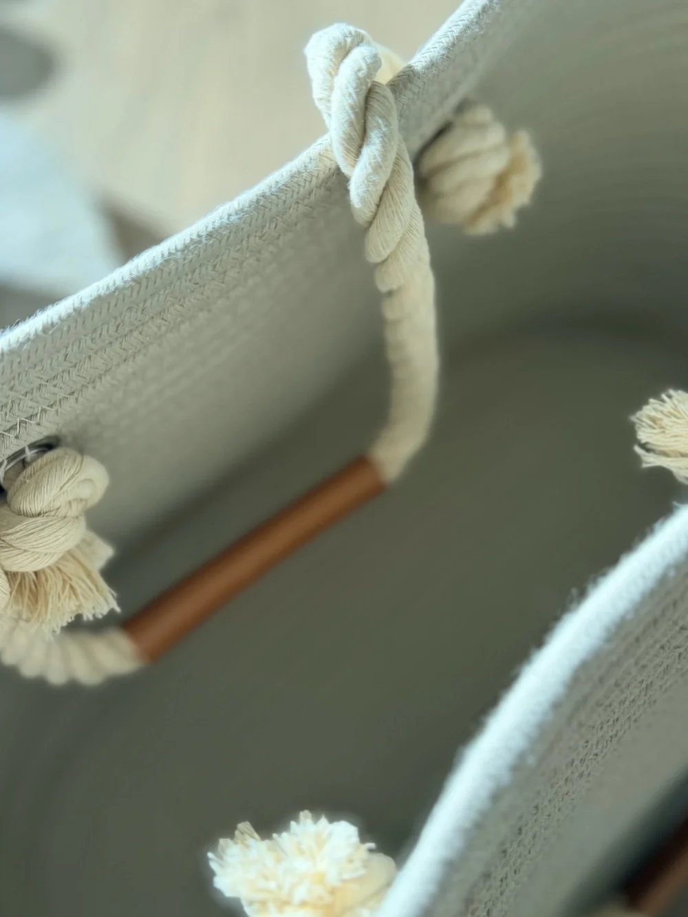 Neutral Cream Rope Tote with Leather Handle Accent
